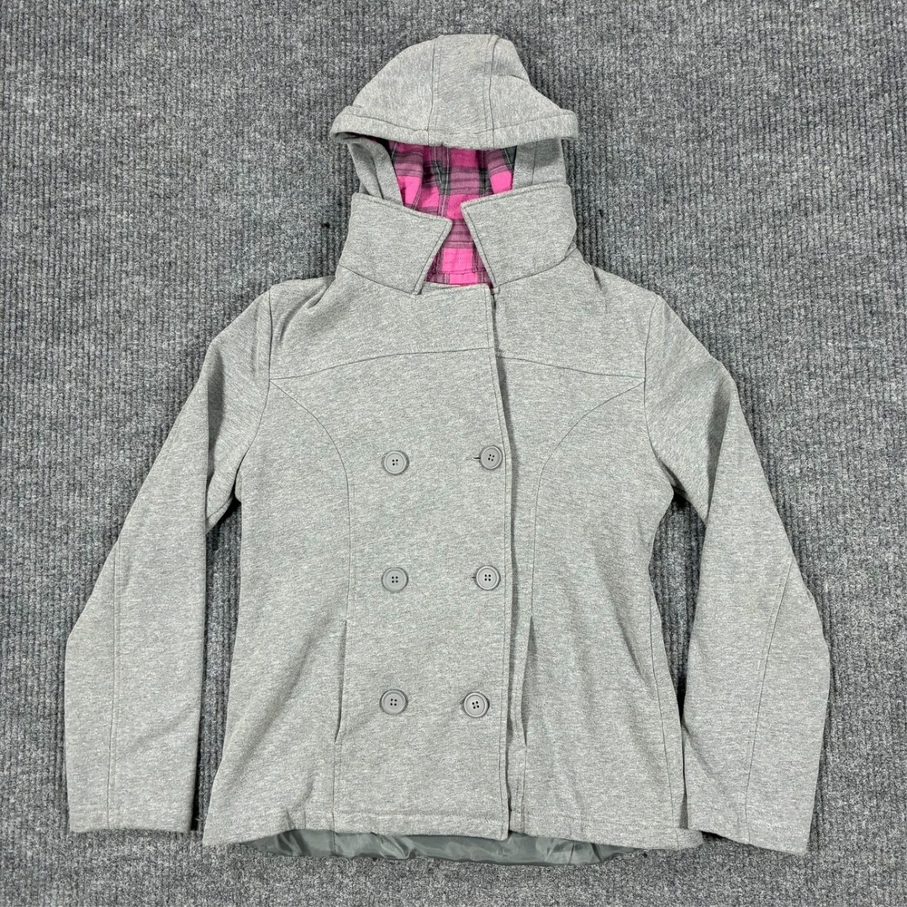 OP Girls Hooded Pea Coat Jacket Plaid Lining Size Large 11-13 Gray Long Sleeve
